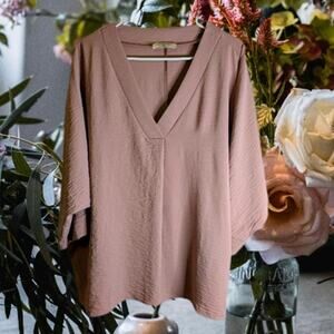 Zenana XLG 1/2 sleeve coral polyester v neck woman's casual blouse.